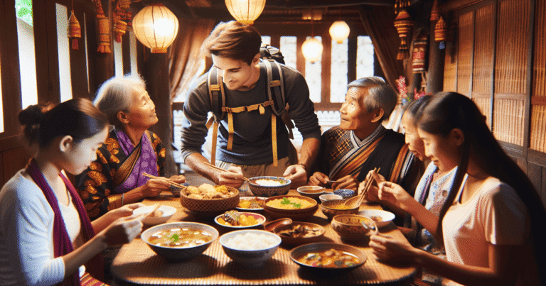 Touriste en tenue locale partageant un repas avec une famille asiatique, ambiance chaleureuse.